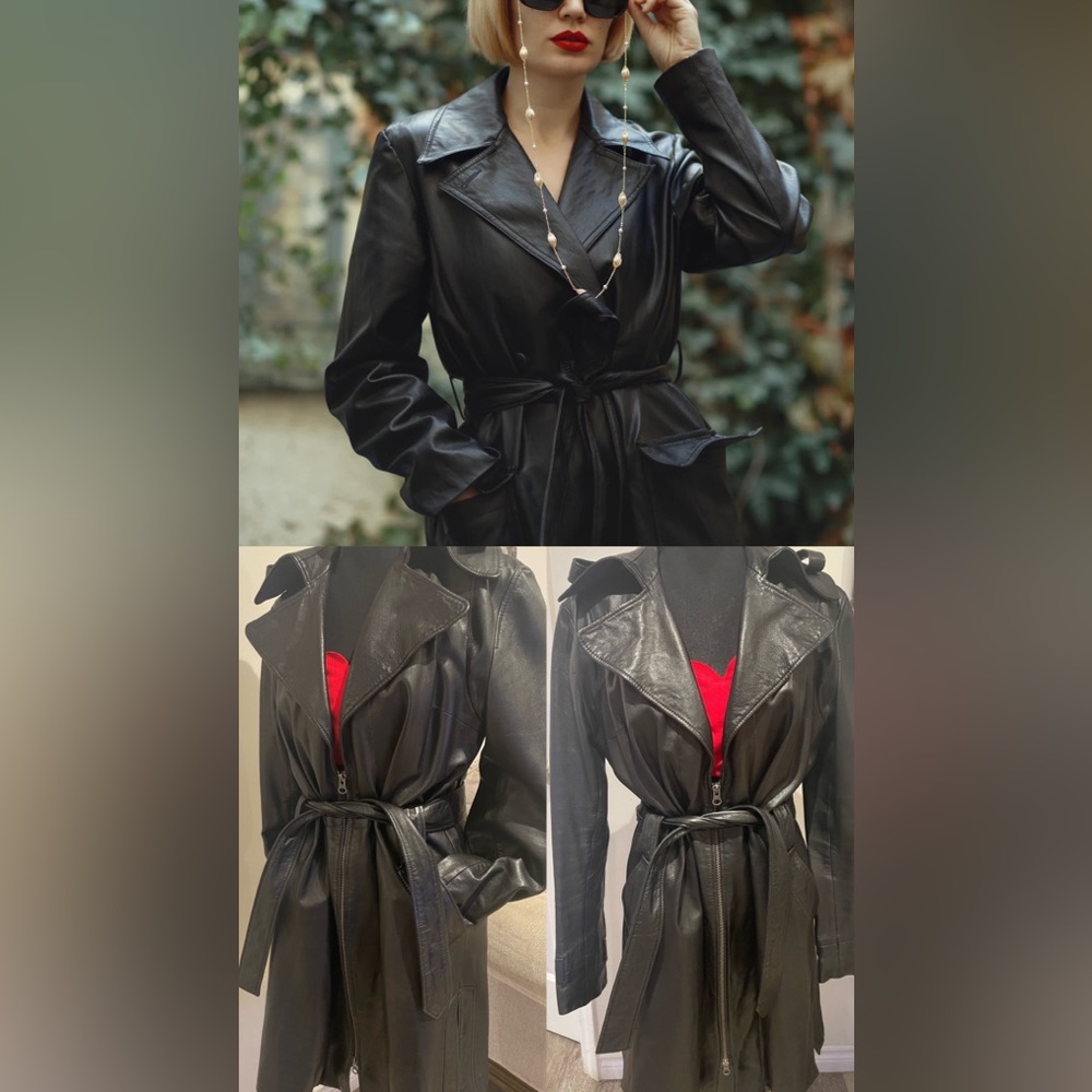 Women's Black Leather Tie-Waist Trench Coat